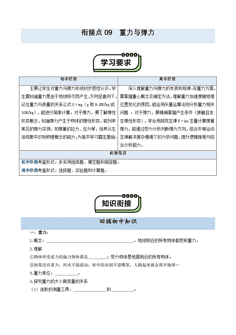 【初高衔接】衔接点09 重力与弹力（学生版）-2025年初升高物理暑假衔接讲练 (通用版)第1页