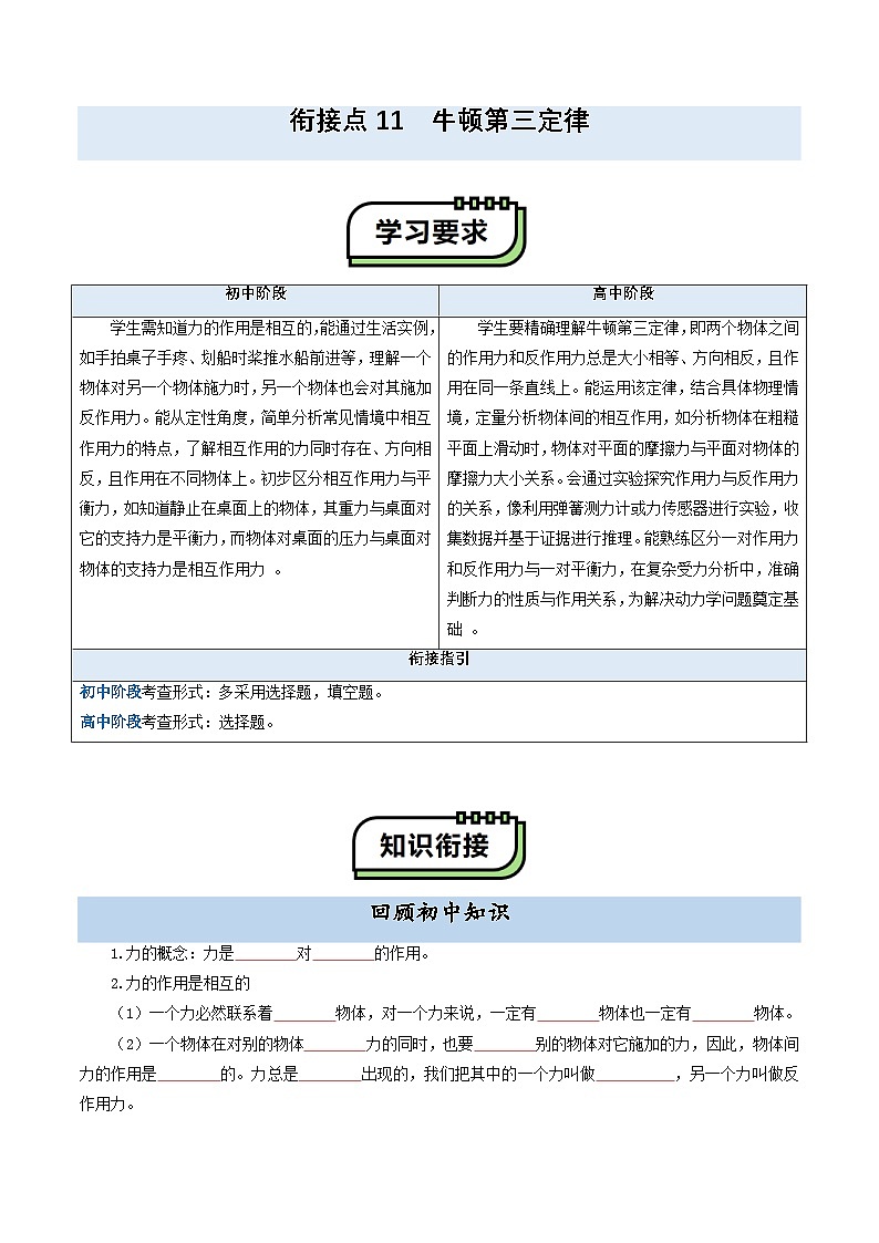 【初高衔接】衔接点11 牛顿第三定律（学生版）-2025年初升高物理暑假衔接讲练 (通用版)第1页