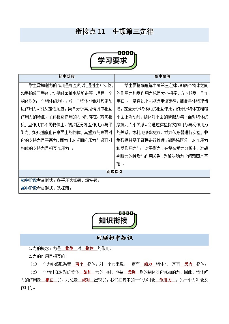 【初高衔接】衔接点11 牛顿第三定律（教师版）-2025年初升高物理暑假衔接讲练 (通用版)第1页