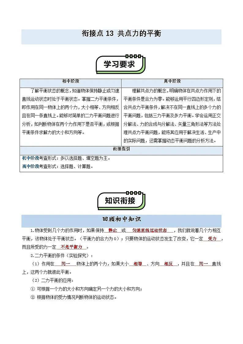 【初高衔接】衔接点13 共点力的平衡（教师版）-2025年初升高物理暑假衔接讲练 (通用版)第1页