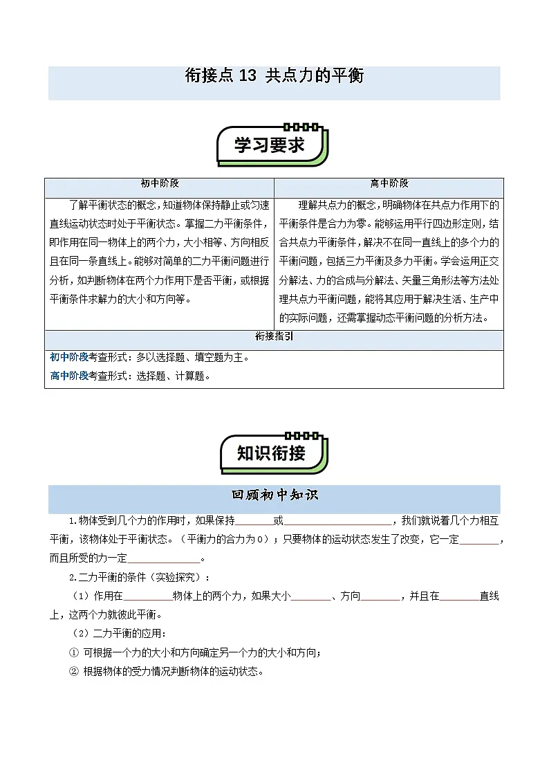 【初高衔接】衔接点13 共点力的平衡（学生版）-2025年初升高物理暑假衔接讲练 (通用版)第1页