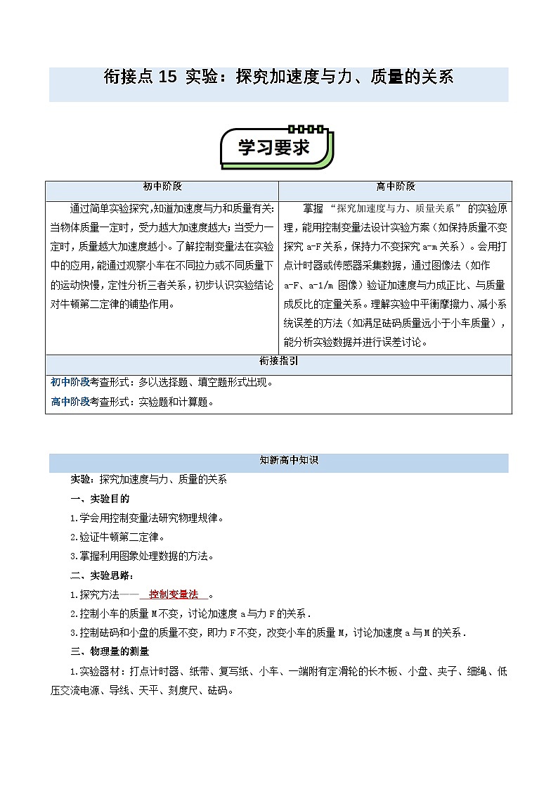 【初高衔接】衔接点15 实验：探究加速度与力、质量的关系（教师版）-2025年初升高物理暑假衔接讲练 (通用版)第1页
