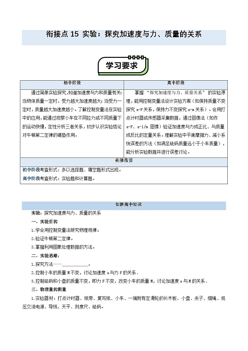【初高衔接】衔接点15 实验：探究加速度与力、质量的关系（学生版）-2025年初升高物理暑假衔接讲练 (通用版)第1页