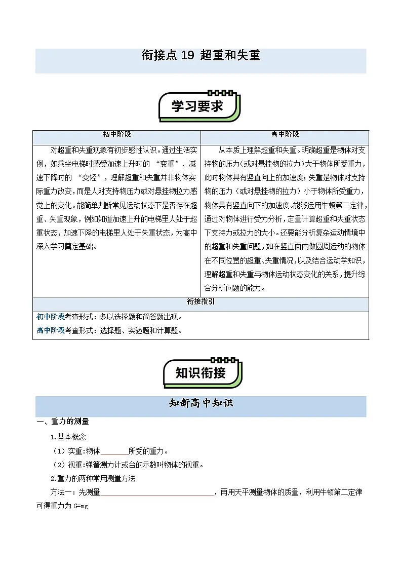 【初高衔接】衔接点19 超重和失重（学生版）-2025年初升高物理暑假衔接讲练 (通用版)第1页