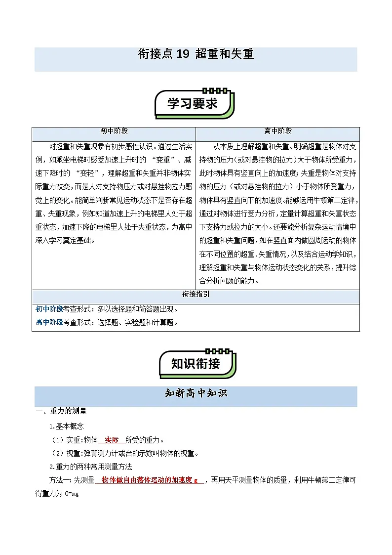 【初高衔接】衔接点19 超重和失重（教师版）-2025年初升高物理暑假衔接讲练 (通用版)第1页