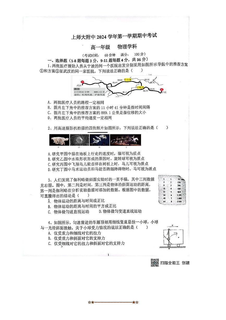 2024～2025学年上海市上海师范大学附属中学高一上期中物理试卷(无答案)第1页
