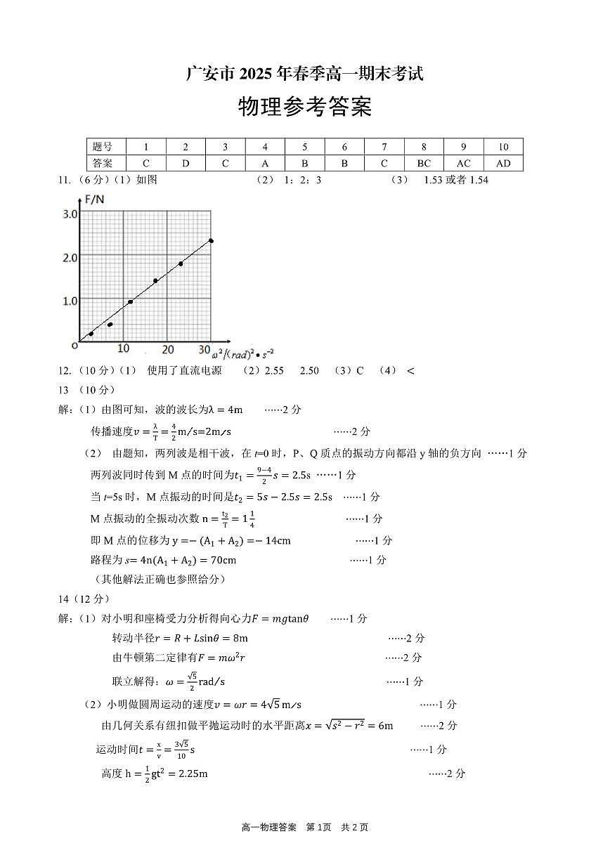 四川省广安市2024-2025学年高一下学期期末考试物理答案（PDF版）第1页