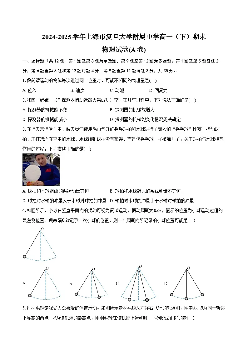 2024-2025学年上海市复旦大学附属中学高一（下）期末物理试卷(A卷)（含解析）第1页
