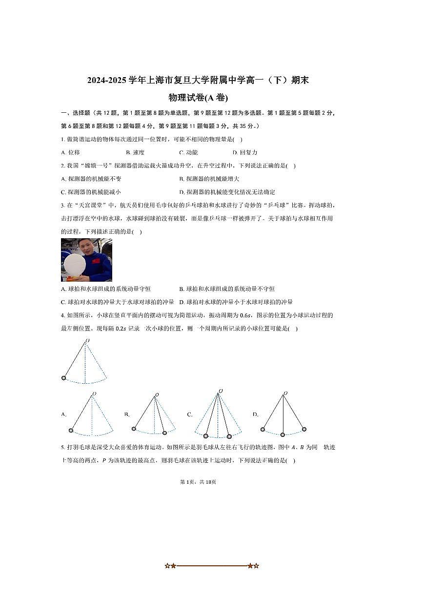 2024～2025学年海市复旦大学附属中学高一下上期末物理试卷(A卷)(含解析)第1页