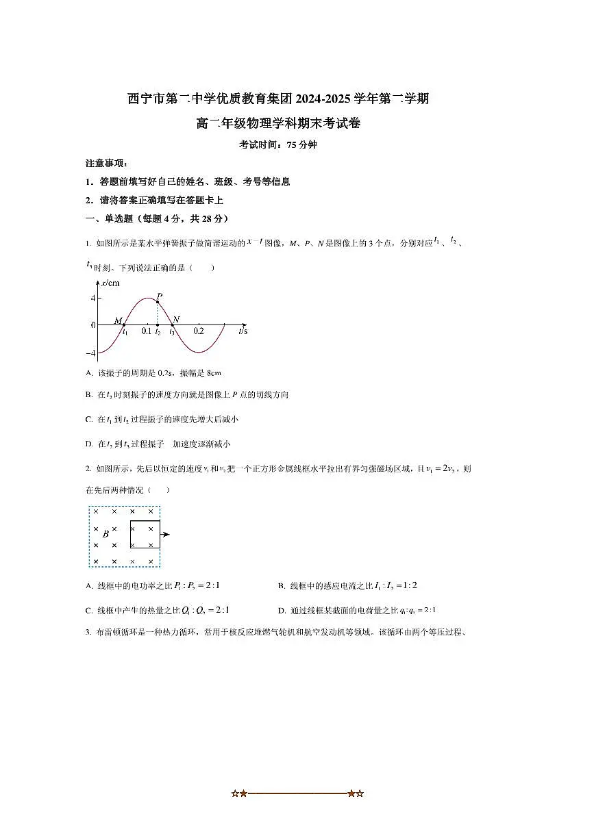 2024～2025学年青海省西宁市第二中学优质教育集团高二下期末考试物理试卷(含答案)第1页