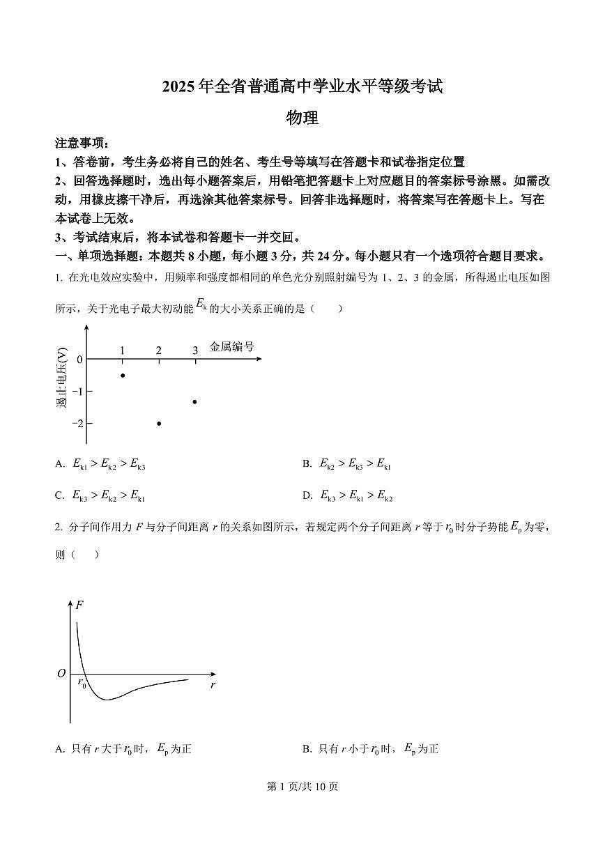 2025年高考山东卷物理真题（原卷版）第1页
