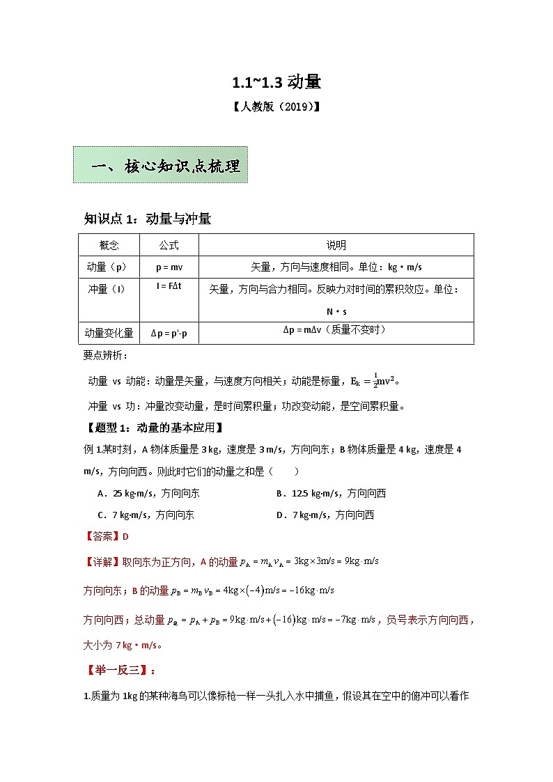 人教版（2019）高中物理选择性必修一第一章1.1~1.3举一反三训练(解析版）第1页