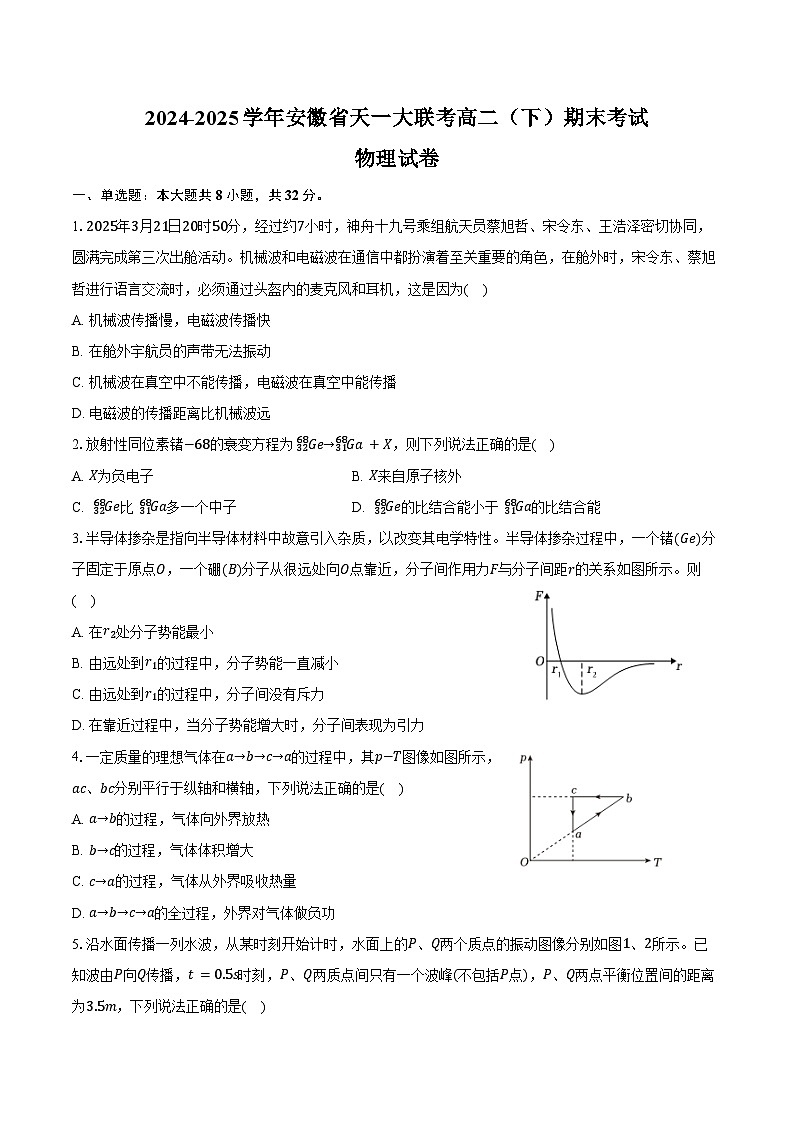 2024-2025学年安徽省天一大联考高二（下）期末物理试卷（含解析）第1页