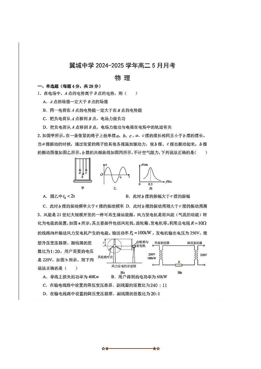 2024～2025学年山西省翼城中学校高二下5月月考物理试卷(含解析)第1页