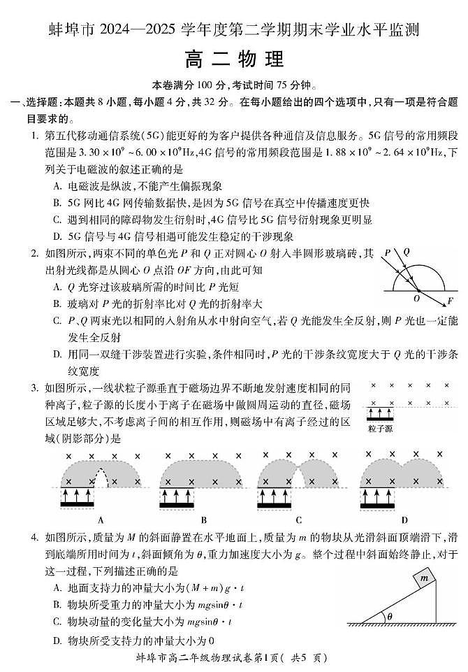 安徽省蚌埠市2024-2025年高二下学期期末考试 物理 PDF版含答案第1页