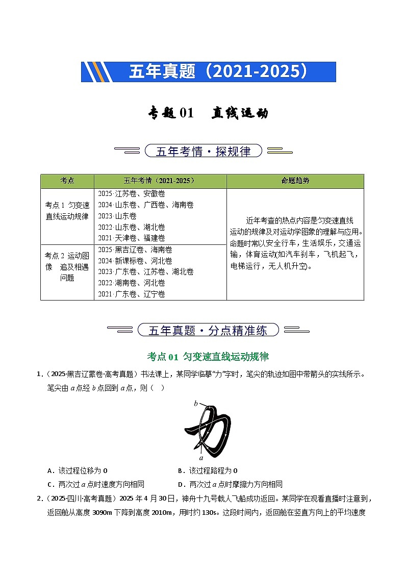 备战2026年高考精品试题汇编 物理 专题01 直线运动（原卷版）第1页