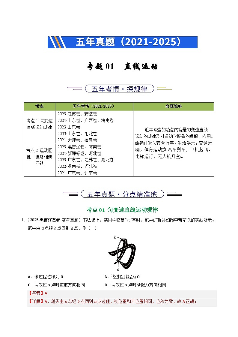 备战2026年高考精品试题汇编 物理 专题01 直线运动 Word版含解析第1页
