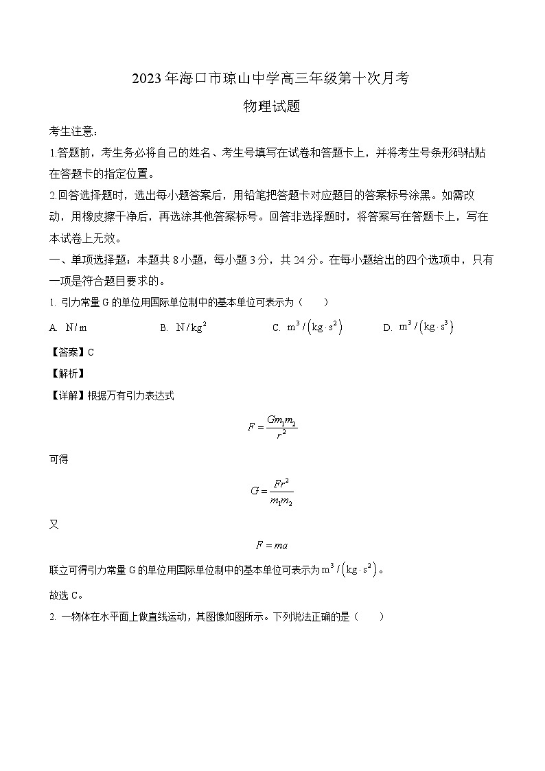 2024届海南省海口市琼山中学高三上学期第十次月考物理试题（解析版）第1页