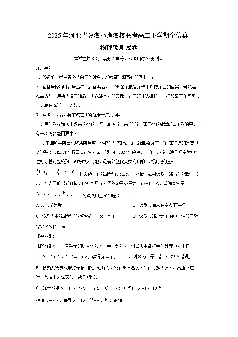 2025届河北省啄名小渔名校联考高三下学期全仿真预测物理试题（解析版）第1页