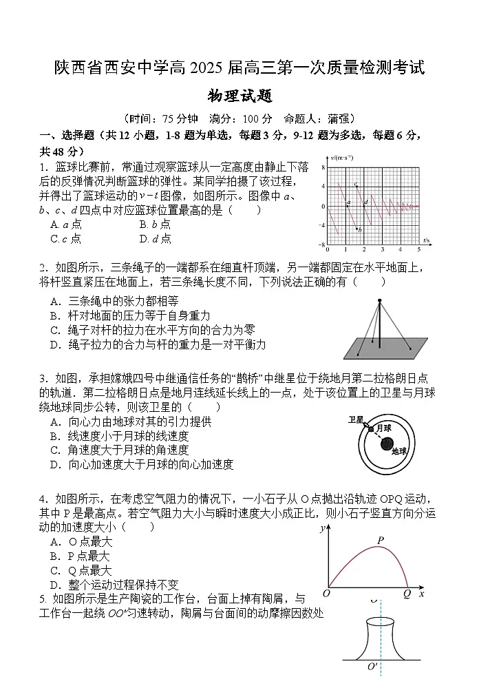 陕西省西安中学2024-2025学年高三上学期10月月考物理试题+答案第1页
