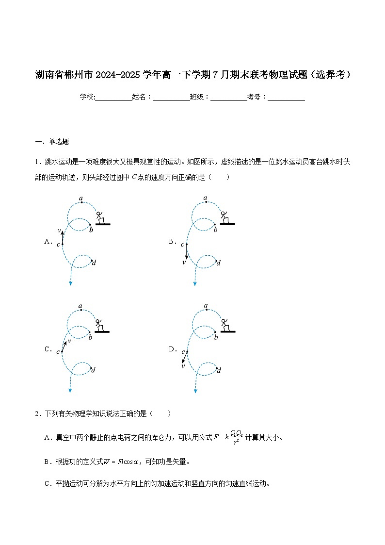 湖南省郴州市2024-2025学年高一下学期期末教学质量监测物理（选择考）试卷（含解析）第1页