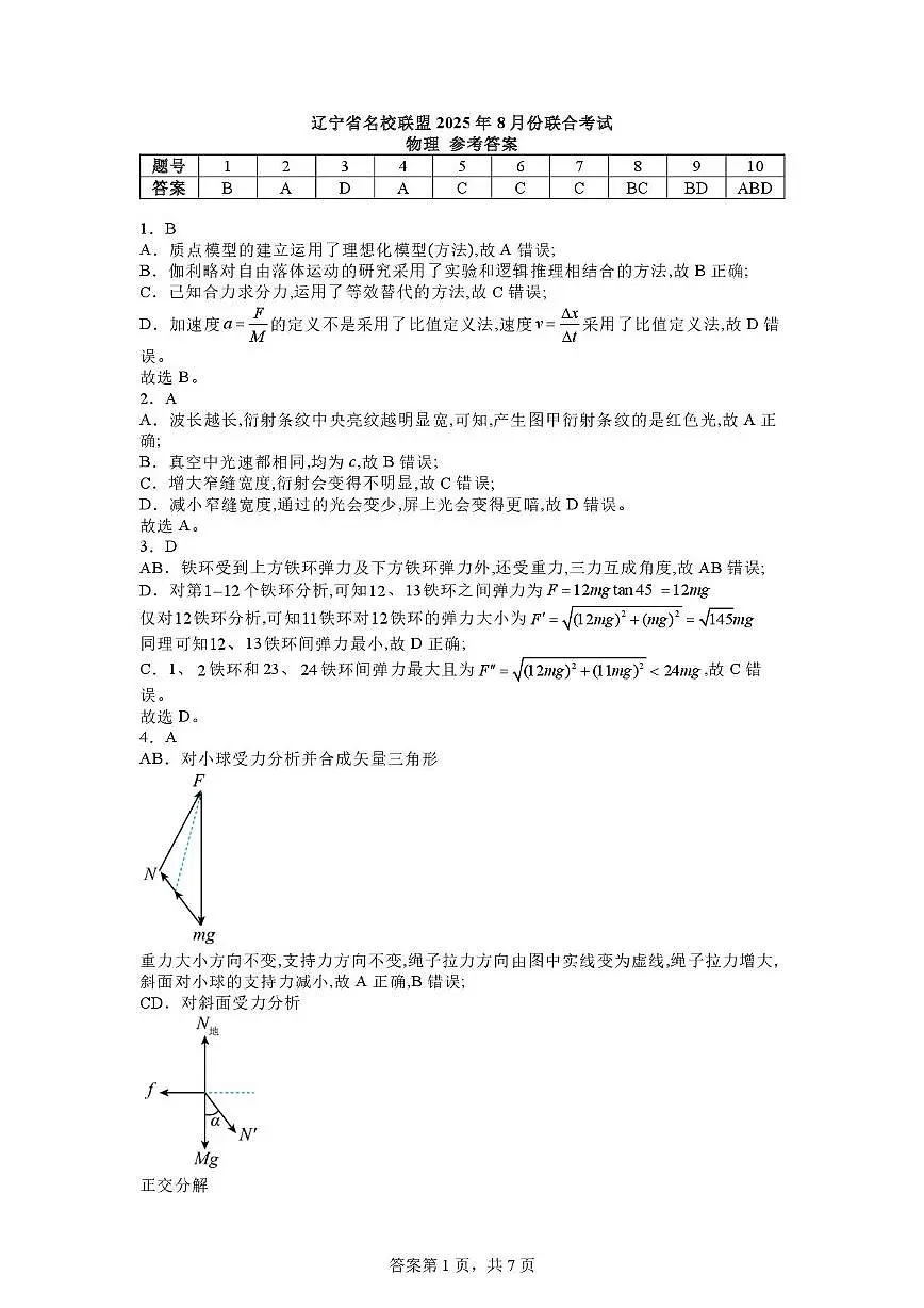辽宁省名校联盟8月份联合考试物理（试卷 答案） 物理答案第1页