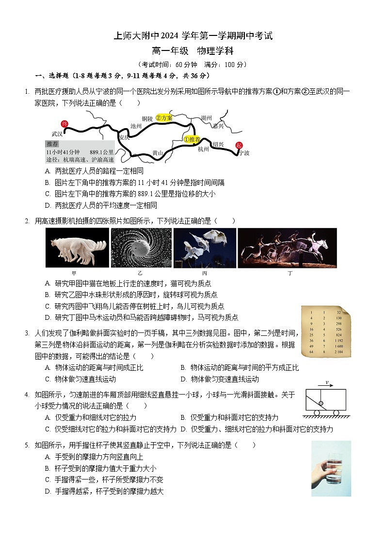 上师大附中2024学年高一上期中物理第1页