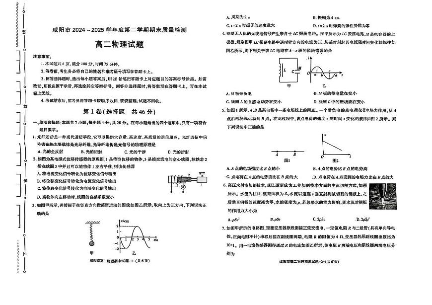 陕西省咸阳市2024-2025学年高二下学期期末考试物理试题（PDF版附答案）第1页