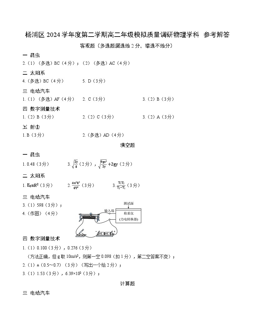 杨浦区统考2024学年高二下物理合格考调研答案第1页