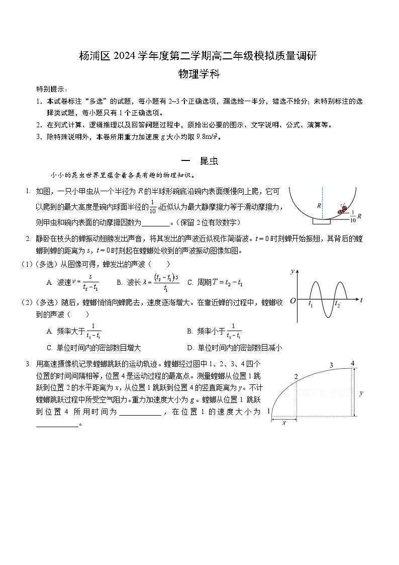 杨浦区统考2024学年高二下物理合格考调研第1页