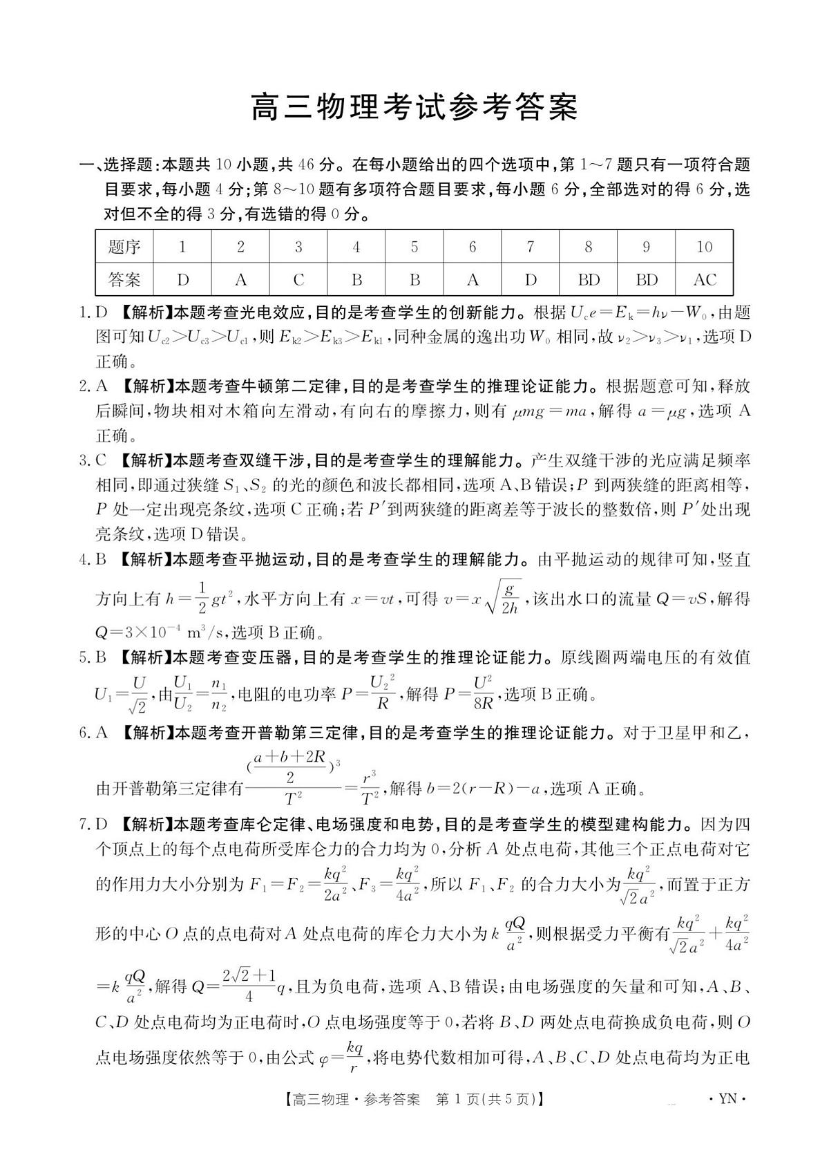 云南省2025-2026学年高三上学期8月联考物理试卷解析第1页