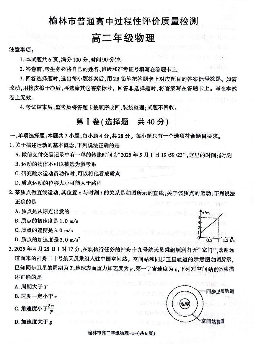 陕西省榆林市2024-2025学年高二下学期期末考试物理试题（PDF版附答案）第1页