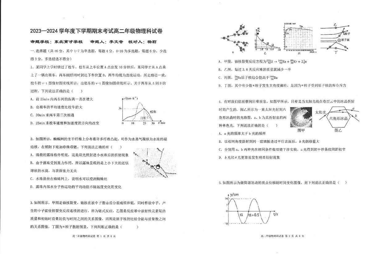 辽宁省实验中学联考2023-2024学年度下学期高二期末物理试卷+答案第1页