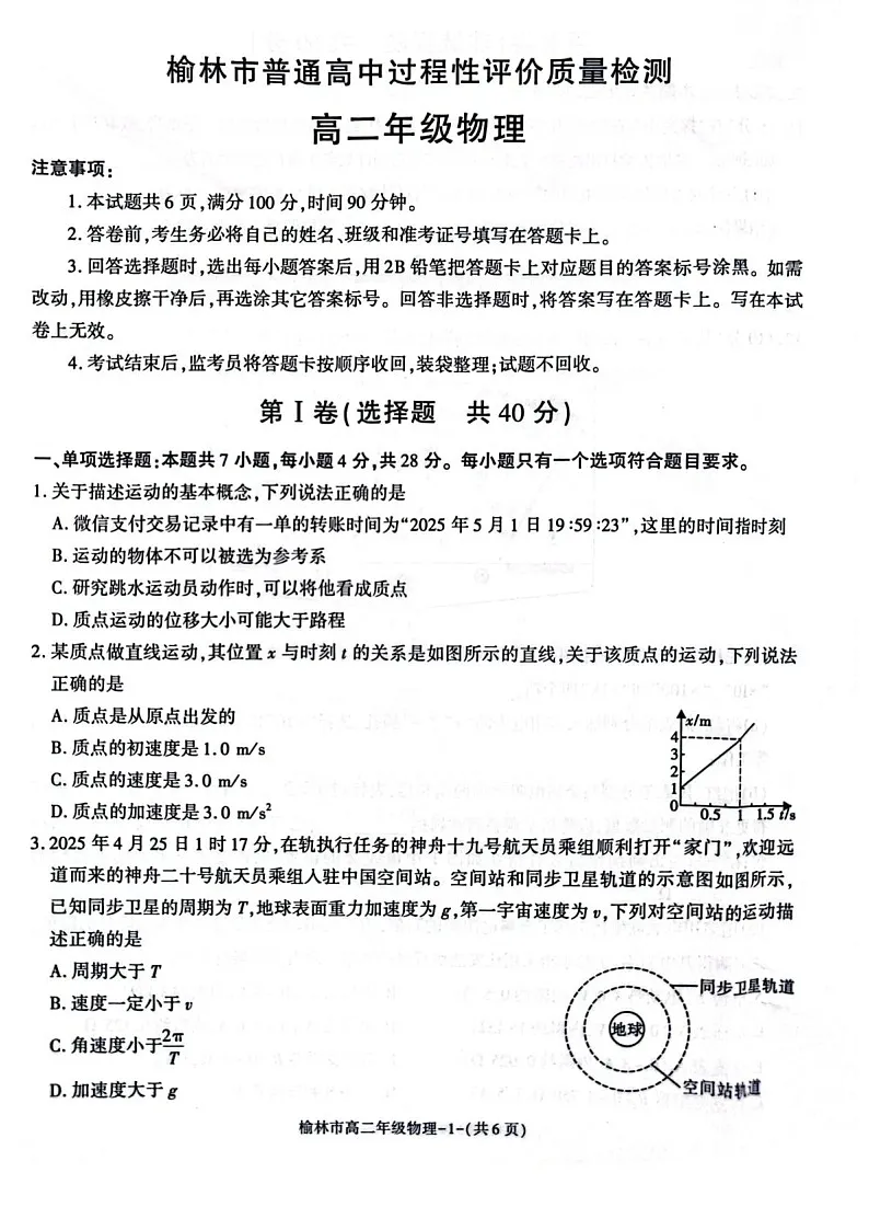 陕西省榆林市2024-2025学年高二下学期期末考试 物理试卷第1页