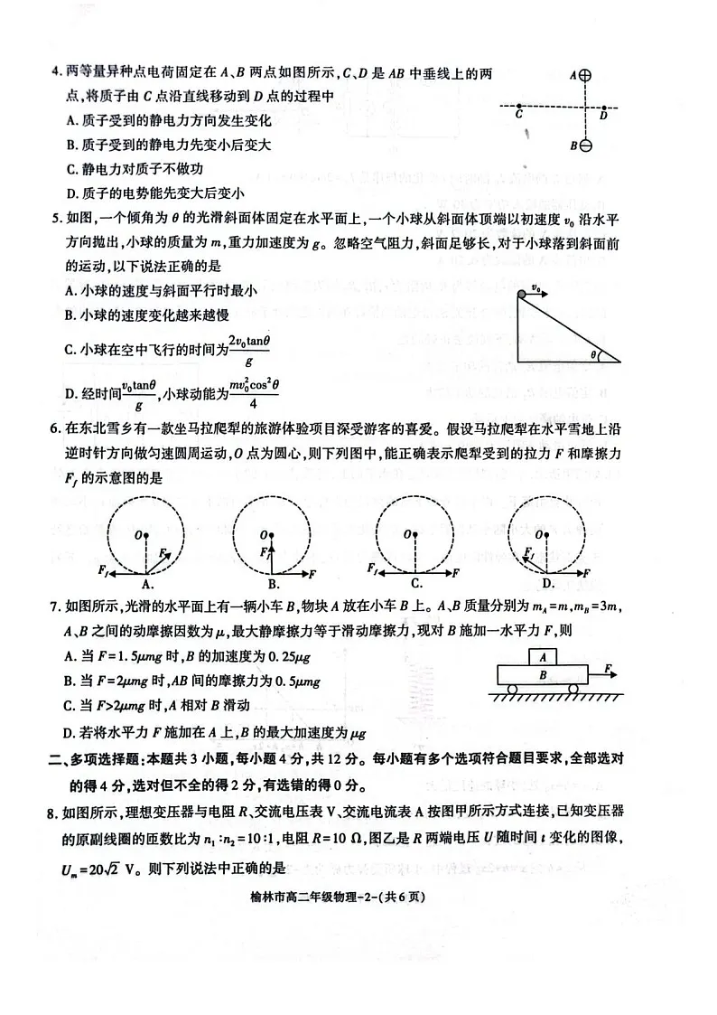 陕西省榆林市2024-2025学年高二下学期期末考试 物理试卷第2页