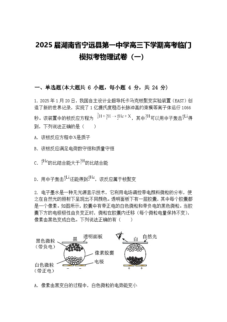 2025届湖南省宁远县第一中学高三下学期高考临门模拟考物理试卷（一）（含答案解析）第1页