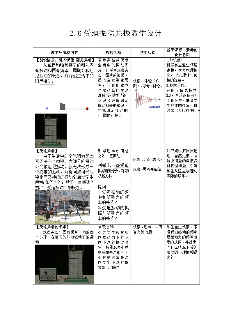 2.6 受迫振动 共振 教学设计-高中物理人教版（2019）选择性必修第一册第1页