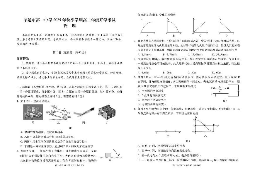 物理-云南省昭通市第一中学2025-2026学年高二上学期开学检测试卷+答案第1页