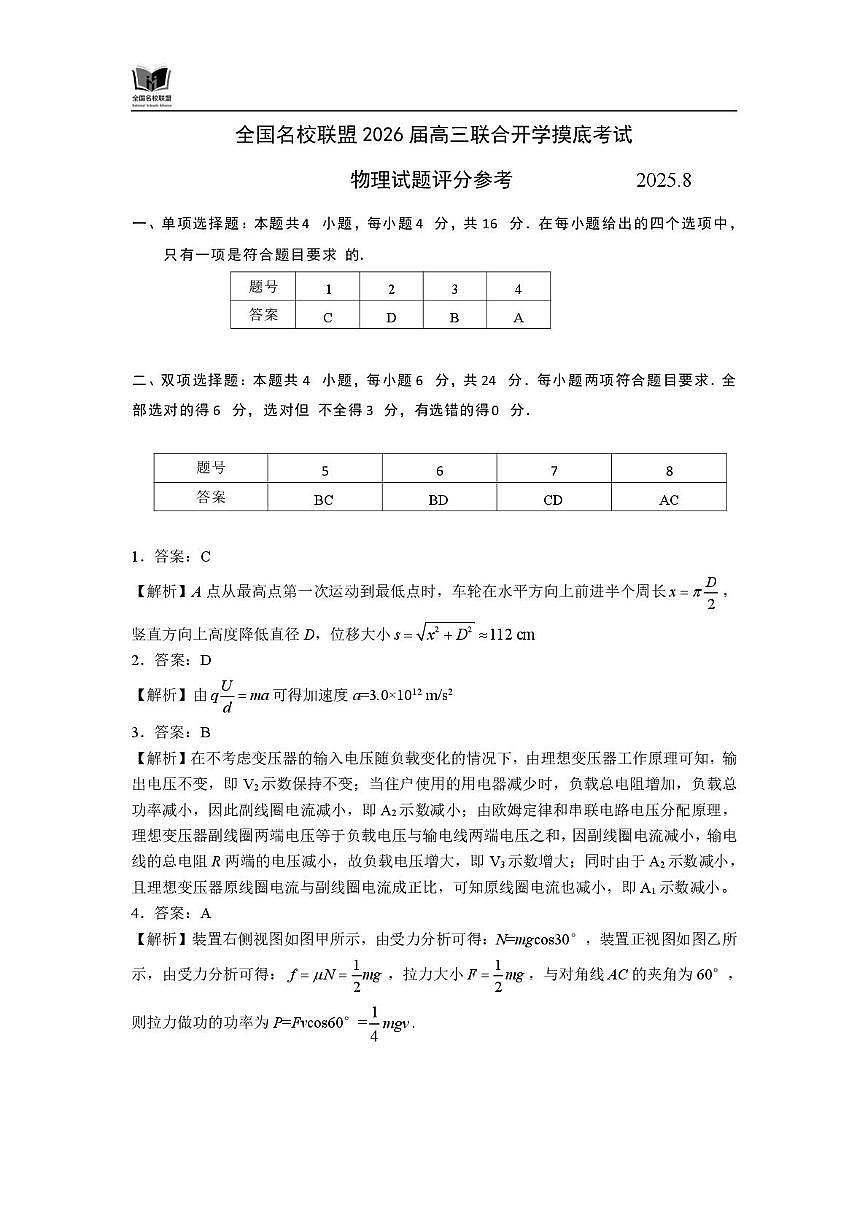 福建省全国名校联盟2026届高三上学期开学摸底考试物理答案第1页