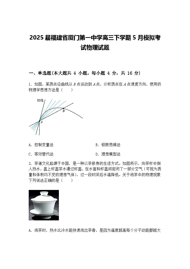 2025届福建省厦门第一中学高三下学期5月模拟考试物理试题（含答案解析）第1页