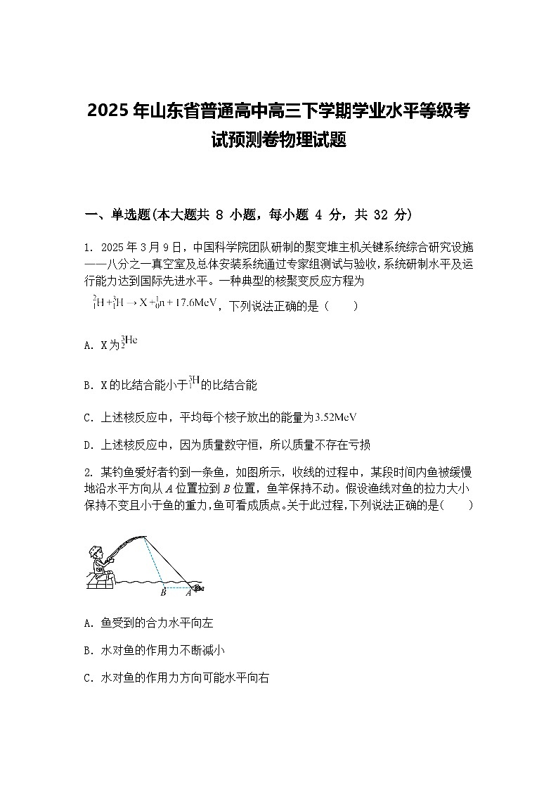 2025年山东省普通高中高三下学期学业水平等级考试预测卷物理试题（含答案解析）第1页