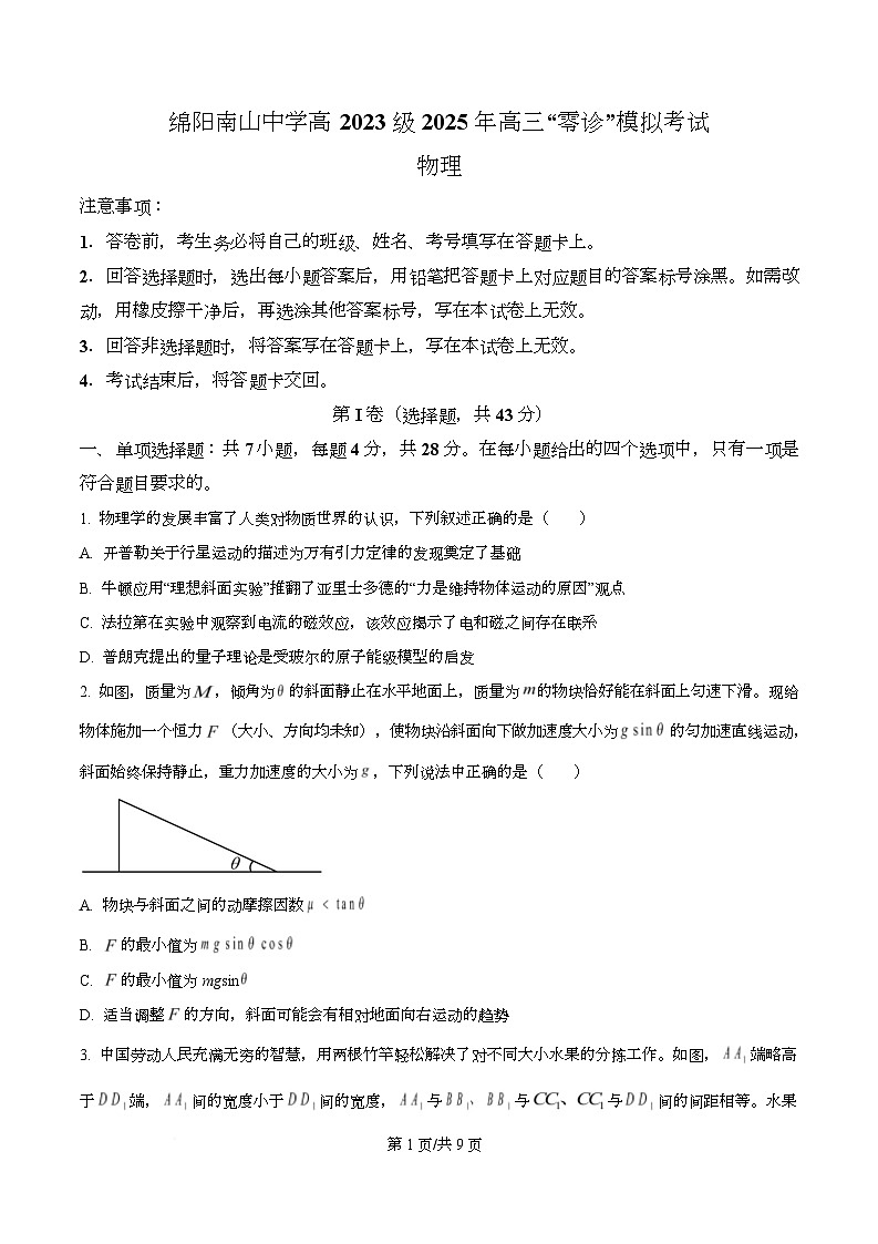 2026届四川省绵阳南山中学高三上学期“零诊”模拟考试物理试卷  Word版无答案第1页