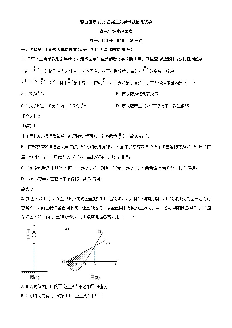 2026届湖南省长沙市麓山国际实验学校高三上学期入学考试物理试卷（解析版）第1页