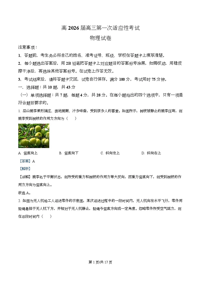 2026届重庆市巴蜀中学高三上学期第一次适应性考试物理试卷（解析版）第1页
