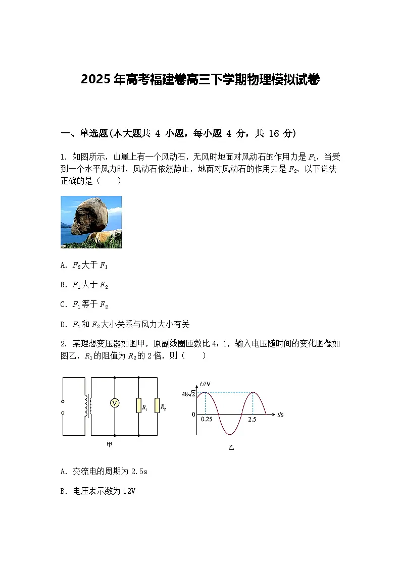 2025年高考福建卷高三下学期物理模拟试卷（含答案解析）第1页