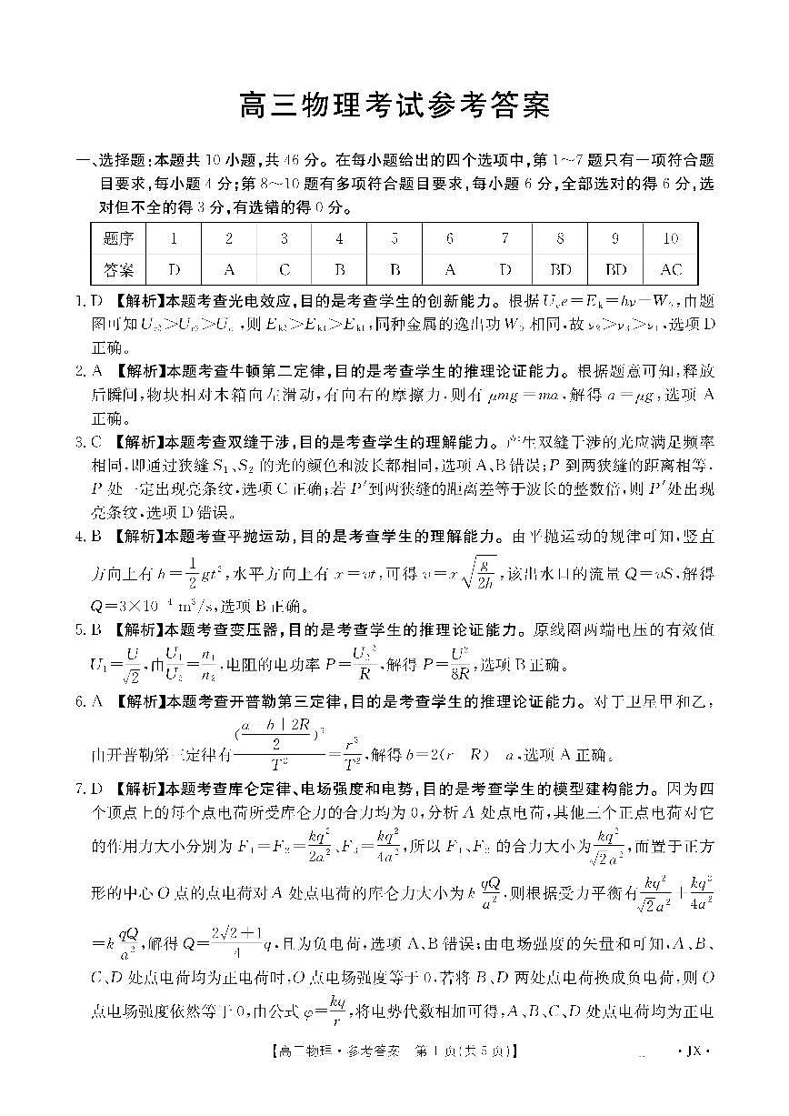 江西省部分学校2026届高三上学期8月百万大联考 物理答案第1页