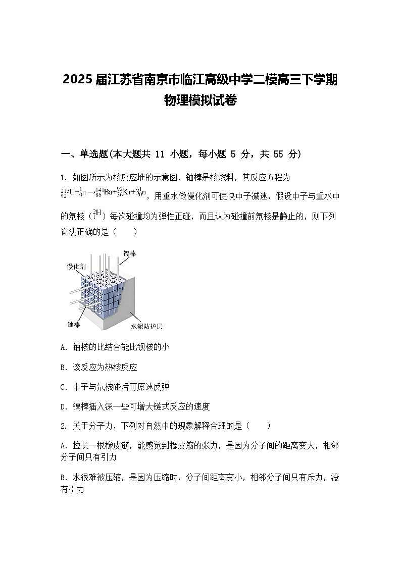 2025届江苏省南京市临江高级中学二模高三下学期物理模拟试卷（含答案解析）第1页