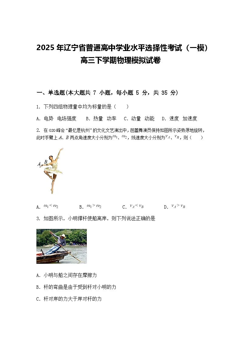 2025年辽宁省普通高中学业水平选择性考试（一模）高三下学期物理模拟试卷（含答案解析）第1页