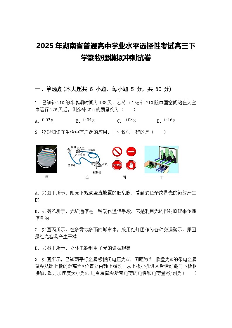 2025年湖南省普通高中学业水平选择性考试高三下学期物理模拟冲刺试卷（含答案解析）第1页