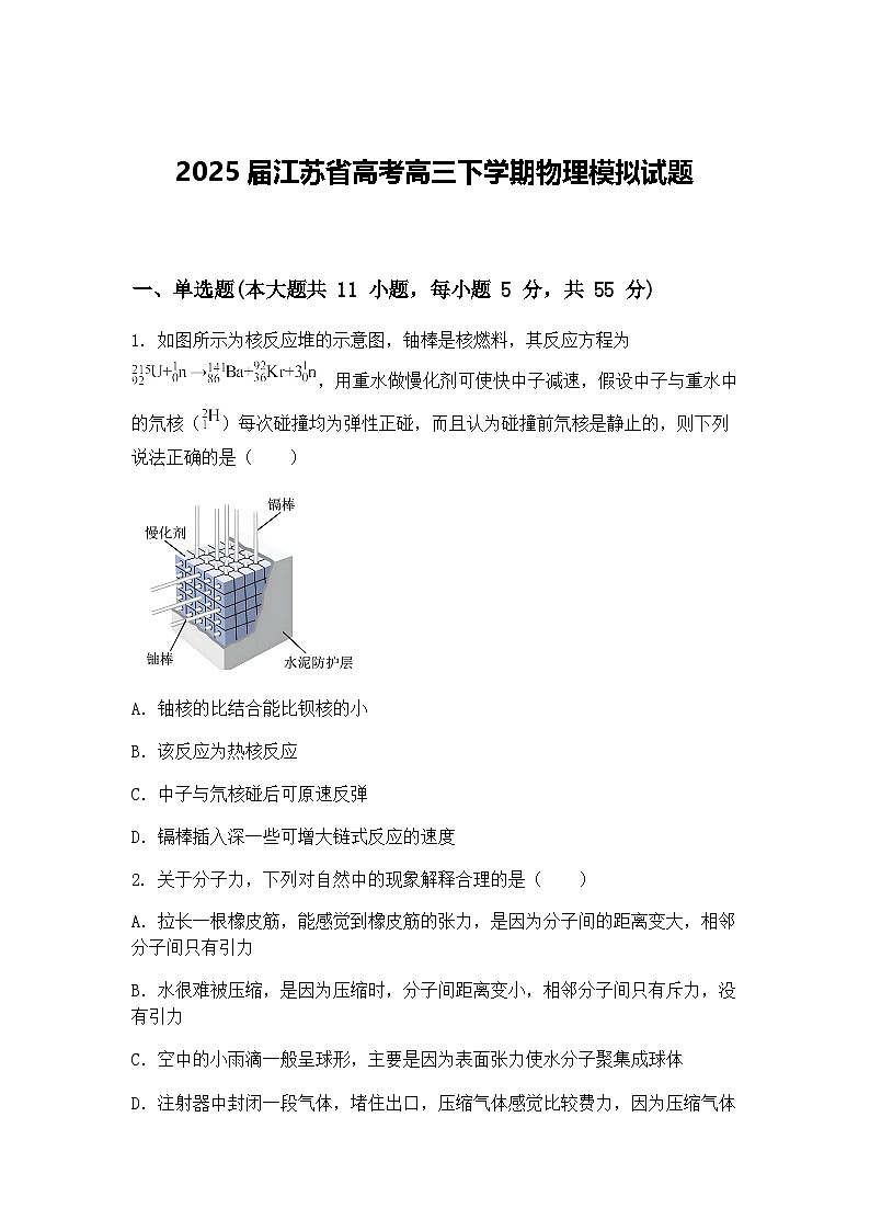 2025届江苏省高考高三下学期物理模拟试题（含答案解析）第1页